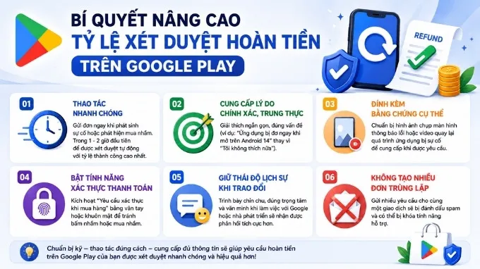 Bí quyết nâng cao tỷ lệ xét duyệt hoàn tiền trên Google Play