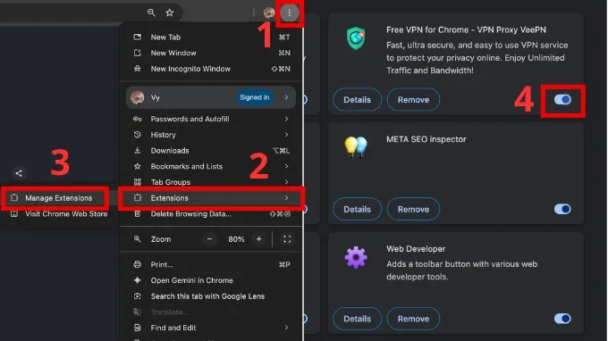 Tắt các tiện ích mở rộng chặn quảng cáo và VPN