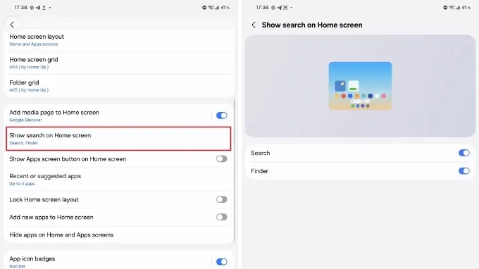 Thêm Google Search và Samsung Finder vào màn hình chính