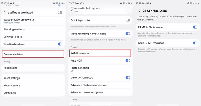 Bật chụp ảnh 24MP thông qua Camera Assistant